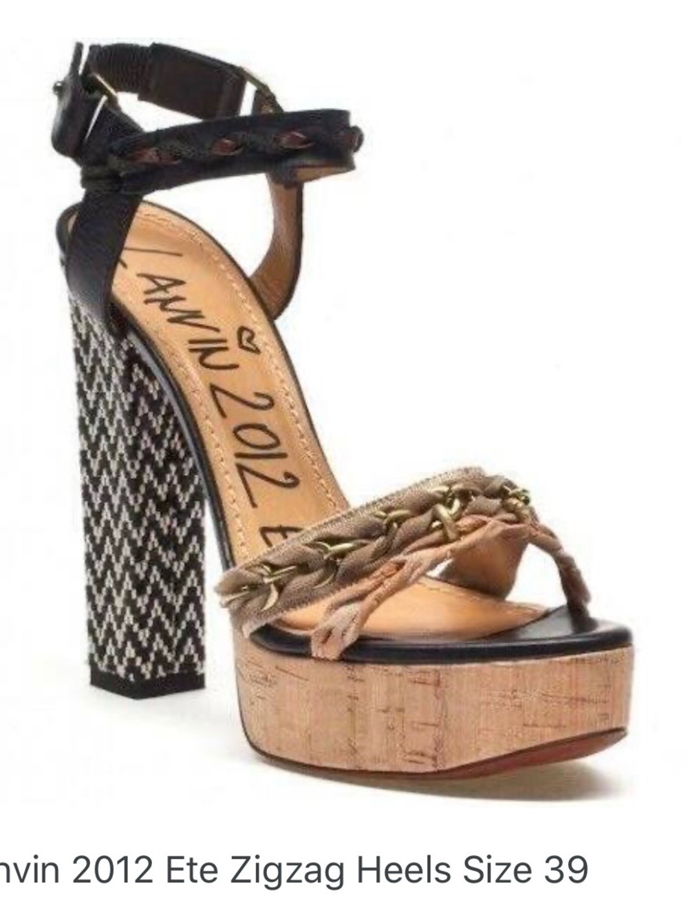 Lanvin Black, Tan & Cream Braided Cork Platform Sandals - Picture 9 of 12